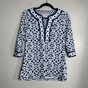 GRETCHEN SCOTT Jersey Split Neck Top XS Blue Rio Gio Geometric Print Preppy